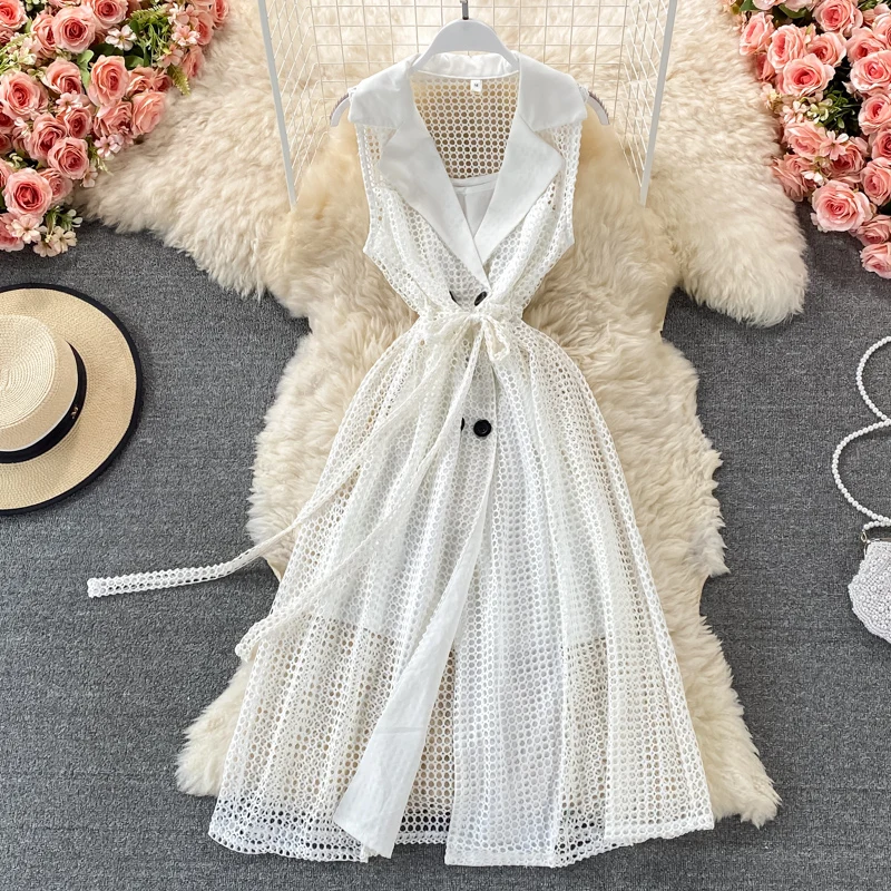 

Lace Hollow Out White Women Dress Summer 2022 Slim Turn-Down Collar Sleeveless Straight Knee-Length Female Clothing Top Quality