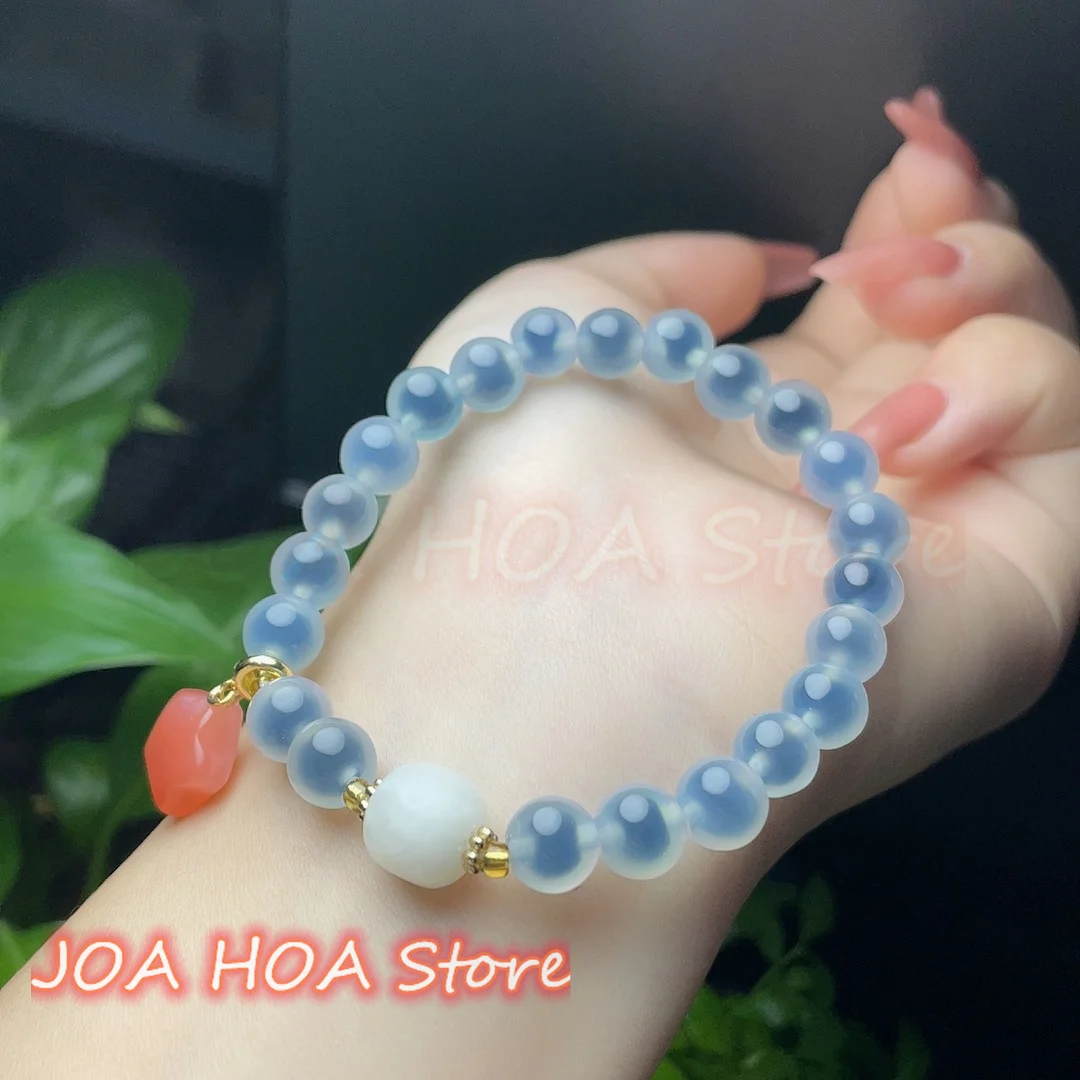

New Natural DIY Handmade Bracelet Exquisite Elegant Sugar Heart Jade-Bead Fine BANGLE Blue Jade Handring Ladies High Jewelry