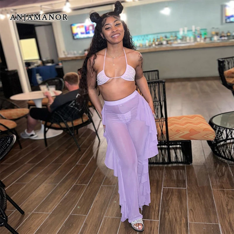 

ANJAMANOR Sexy 3 Piece Sets Womens Outfits Summer Sexy Beach Vacation Rhinestone Bikini Top and Ruffled Mesh Pants D43-DE28