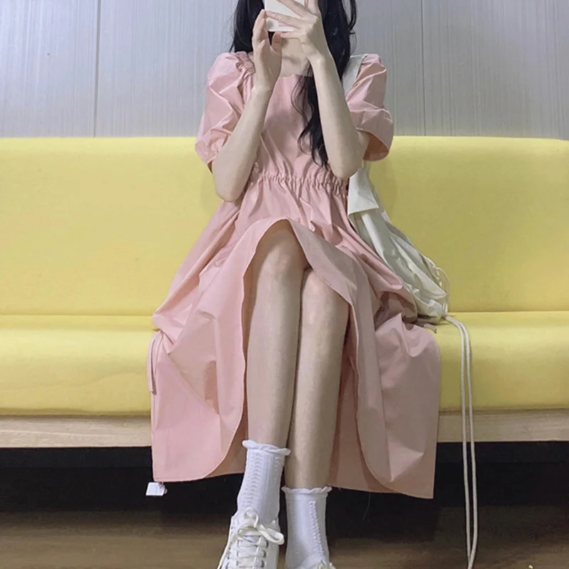 

Элегантное летнее платье с пышными рукавами, женские милые розовые длинные платья с коротким рукавом, Повседневное платье на шнуровке, своб...