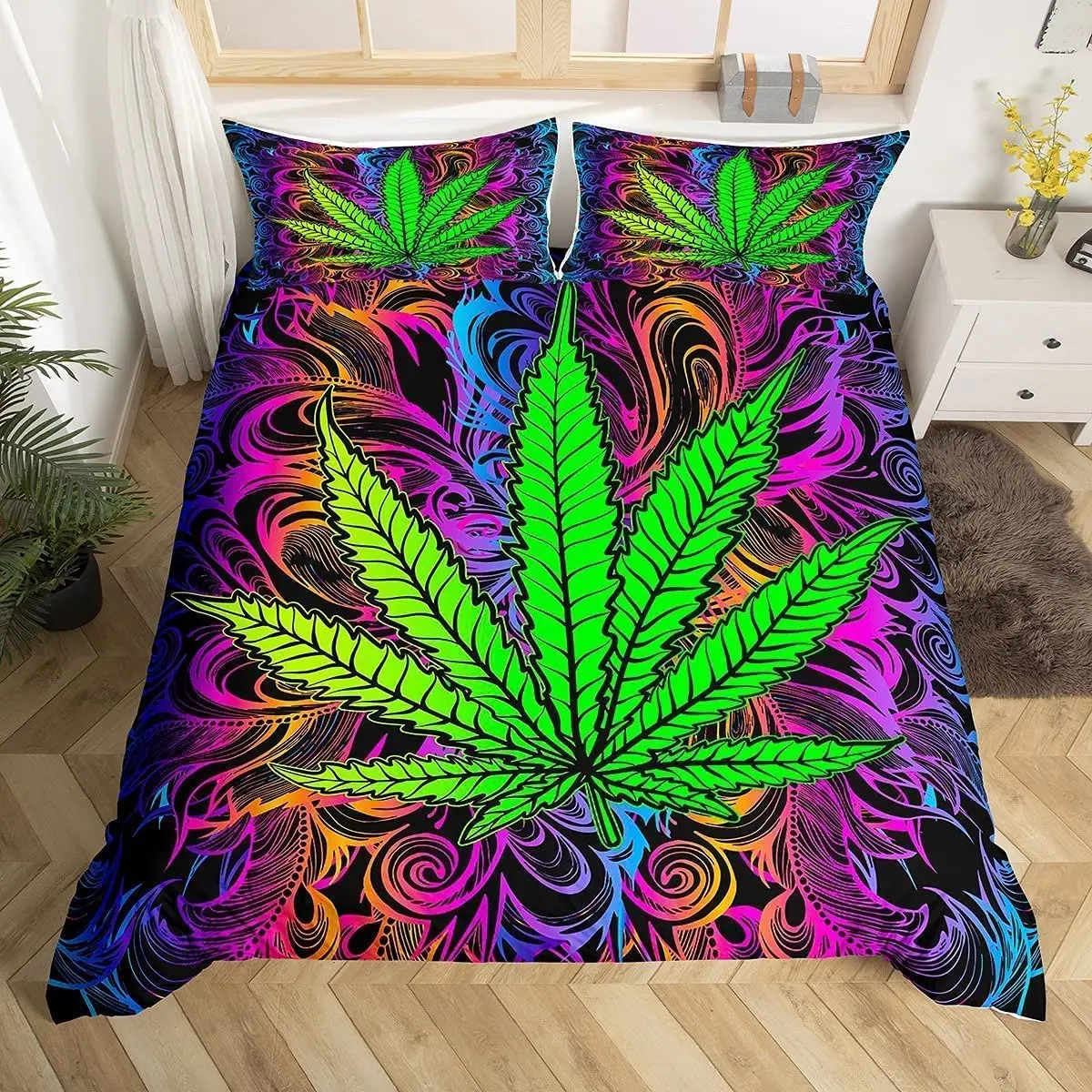

Magic Leaves Bedding Set Marijuana Weed Duvet Cover Green Trippy Leaves Boho Comforter Cover Kids Teen Adult with Pillow Case