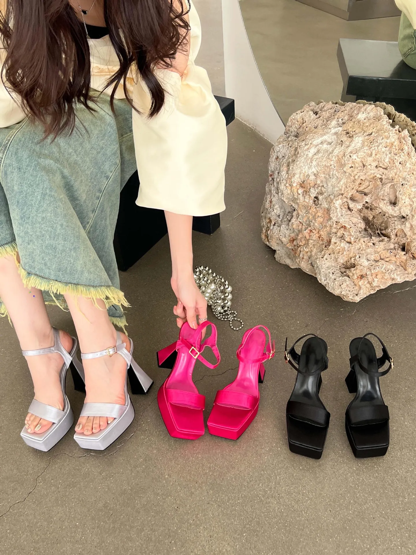 Square Toe Basketball Platform Sexy Pump Chunky Sandals 2023 5cm Beige Spring Satin Summer C