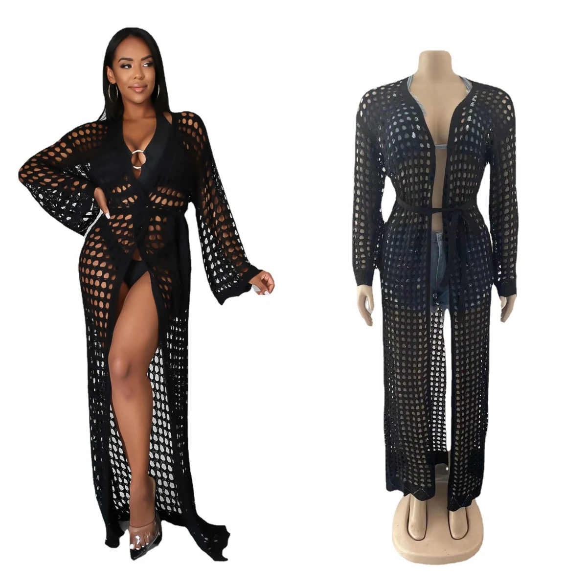 

Fashion Women Beach Holiday Knit Ribbed Crochet Hollow Out Open Stitch with Sashes Maxi Long Cover-Ups 2023 Summer Long Dress