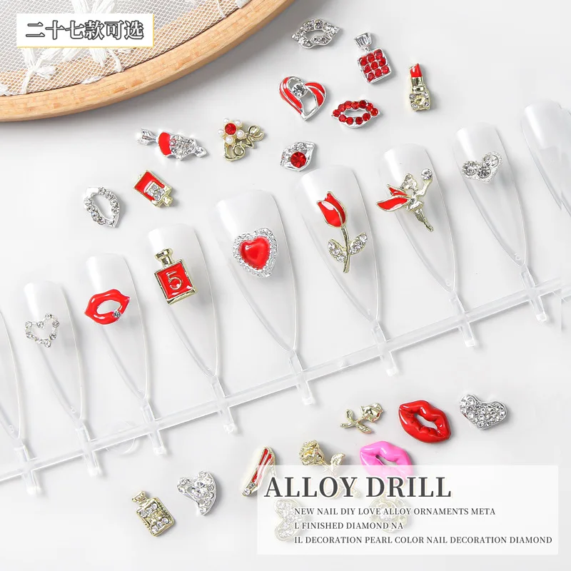 

10pcs Lipstick Rose 520 Nail Charms Decoration 3D Love Heart Valentine's Day Rhinestone Zircon Art Nail Accessories Jewellry Too