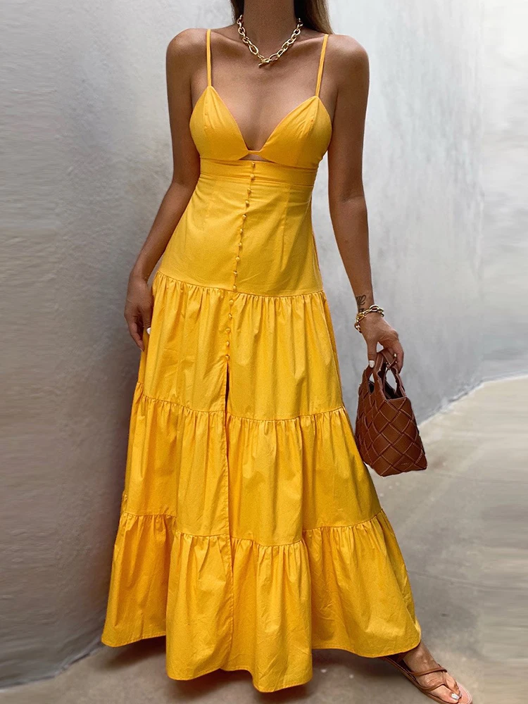 

2022 Summer Fashion Hollow Seaside Beach Dress Sexy Suspender Sleeveless Backless Long Dress Women Casual Solid Big Swing Dress