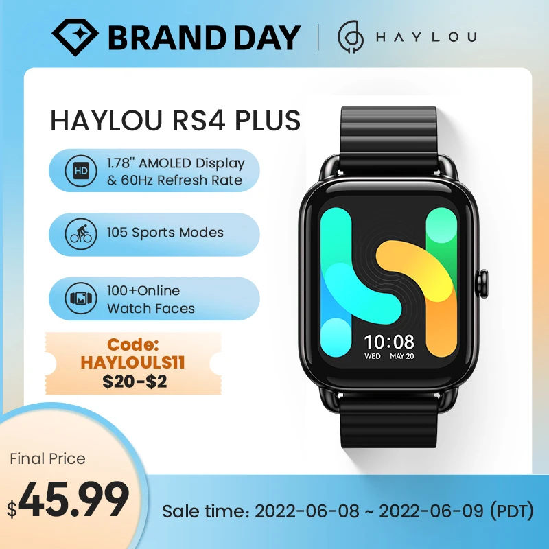  Смарт-часы HAYLOU RS4 Plus, 1,78 дюйма, AMOLED дисплей, 105 спортивных режимов, 10 дней без подзарядки