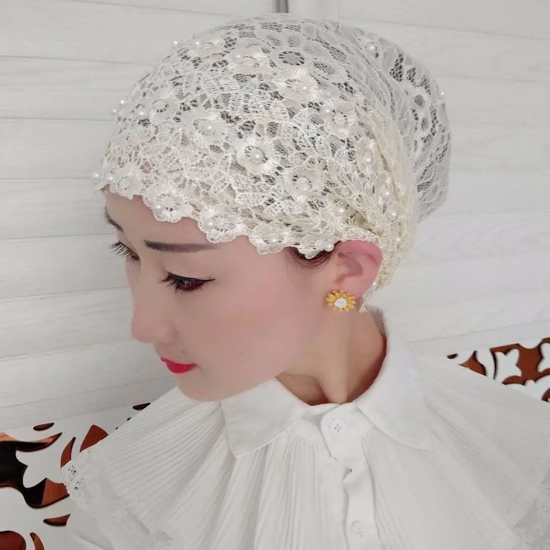 Fashion Women Beading Foral Lace Turban Cps Breathable Summer Muslim Hats Female Headscarf Bonnet Hair Loss Head Cover Caps