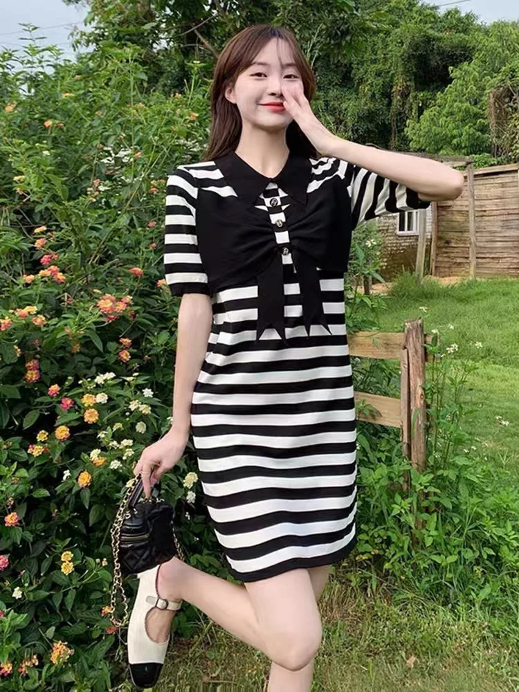 

Vintage Loose Striped Straight Knitting Maxi Dresses for Women Clothing Polo Collar Evening Y2k Party Mini Dress Elegant Summer