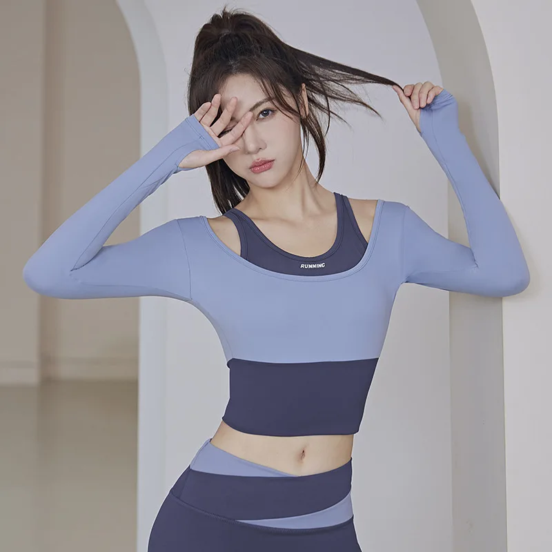 Yoga Top Legging Autumn Winter Splicing Fast Drying Sports Running Top with Chest Pad Professional Pilates Training Fitness Suit