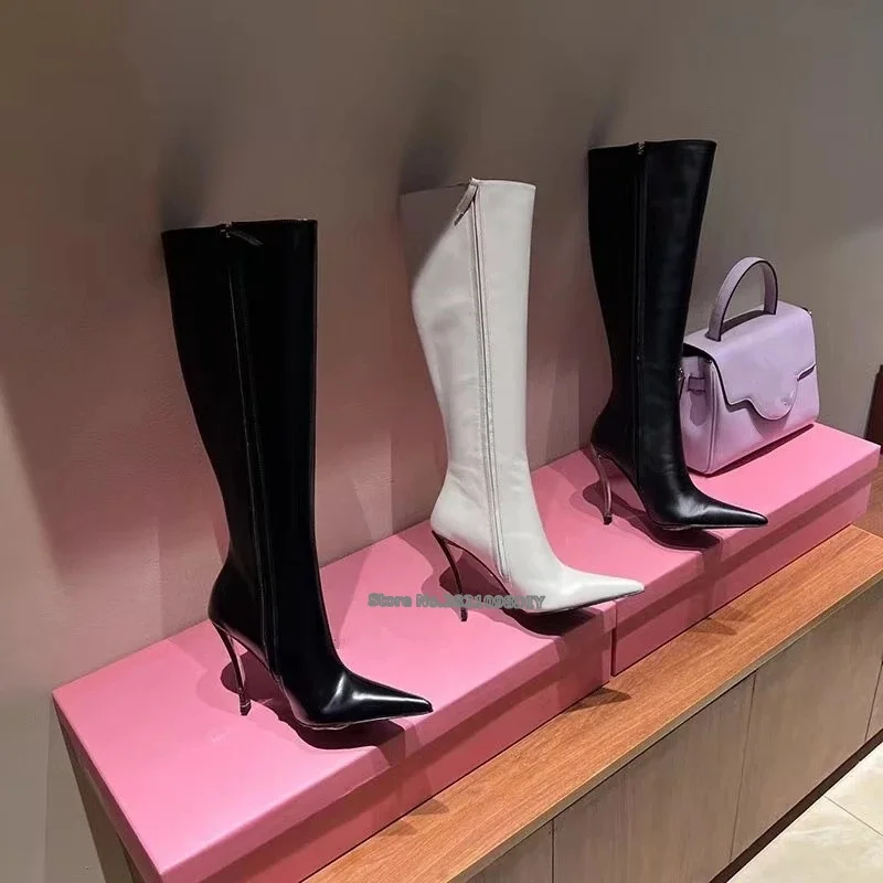 Blade 110mm heeled black leather knee high boots Women Pointed Toe Leather Winter Long Boots Plus Size 35-43