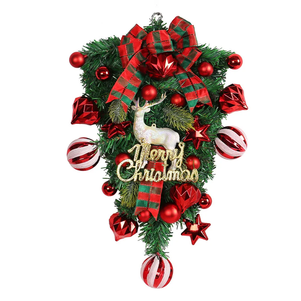 

1Pc Christmas Red Wreath Front Door Hanging Elk Christmas Flower Bow 32*48.5cm For Xmas Party Home Decoration Accessories