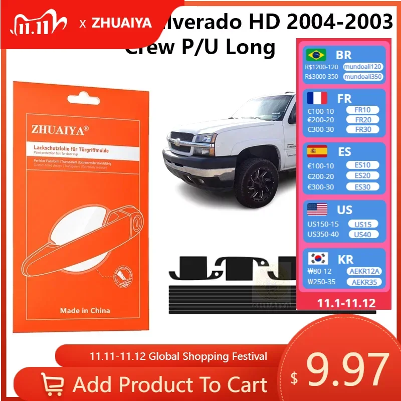 

Защитная пленка ZHUAIYA для красок дверной ручки, ТПУ PPF для Chevrolet Silverado HD 2004-2002 Crew P/U Long