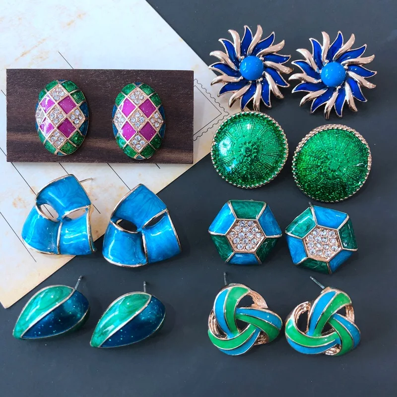 

Rhinestone Splicing Stud Earrings Geometry Enamel Brincos Vintage Jewelry For Women
