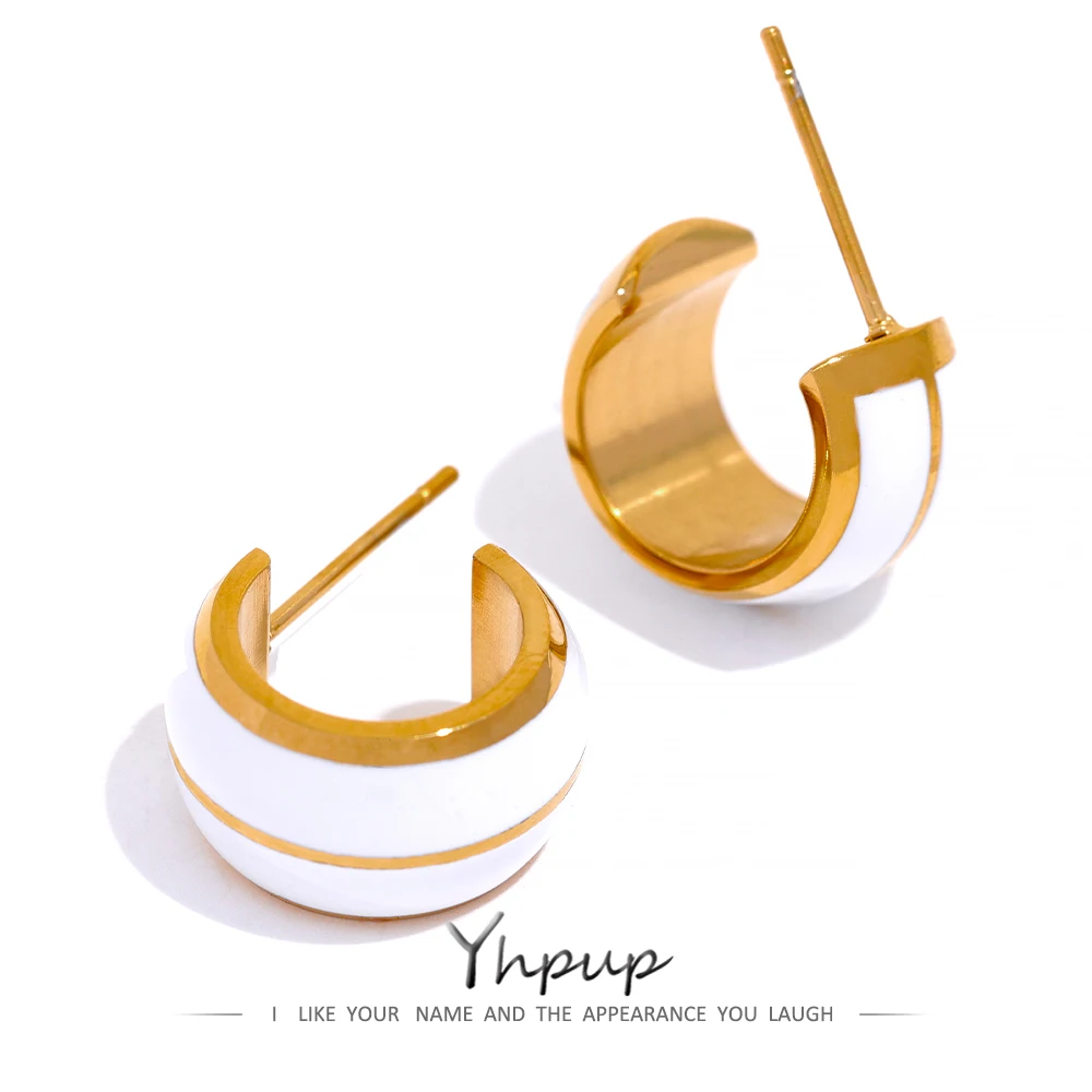

Yhpup Golden Hoop Earrings Stainless Steel White Enamel Small Round Metal Texture Stylish Charm Geometric Des Boucles D'oreilles