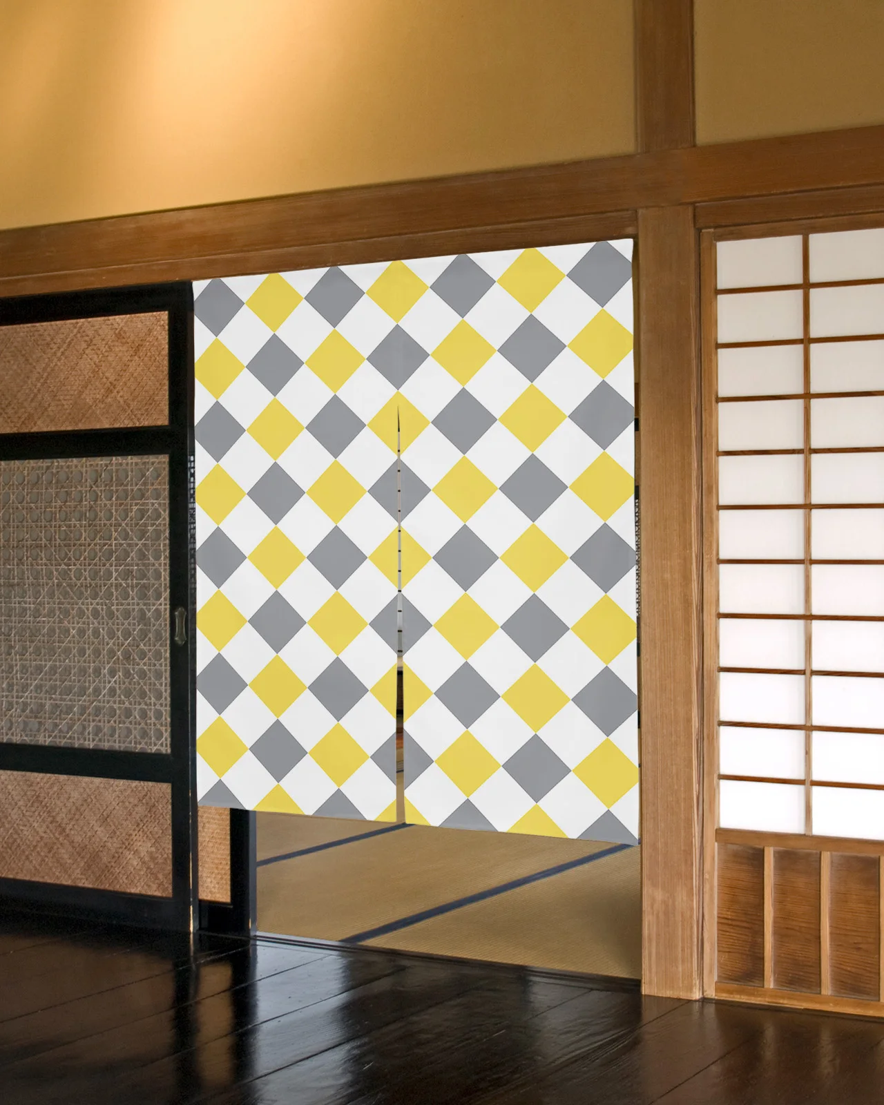 

Diamond Lattice Texture Japanese Door Curtain Kitchen Partition Cafe Hanging Decorative Drapes Half-Curtain