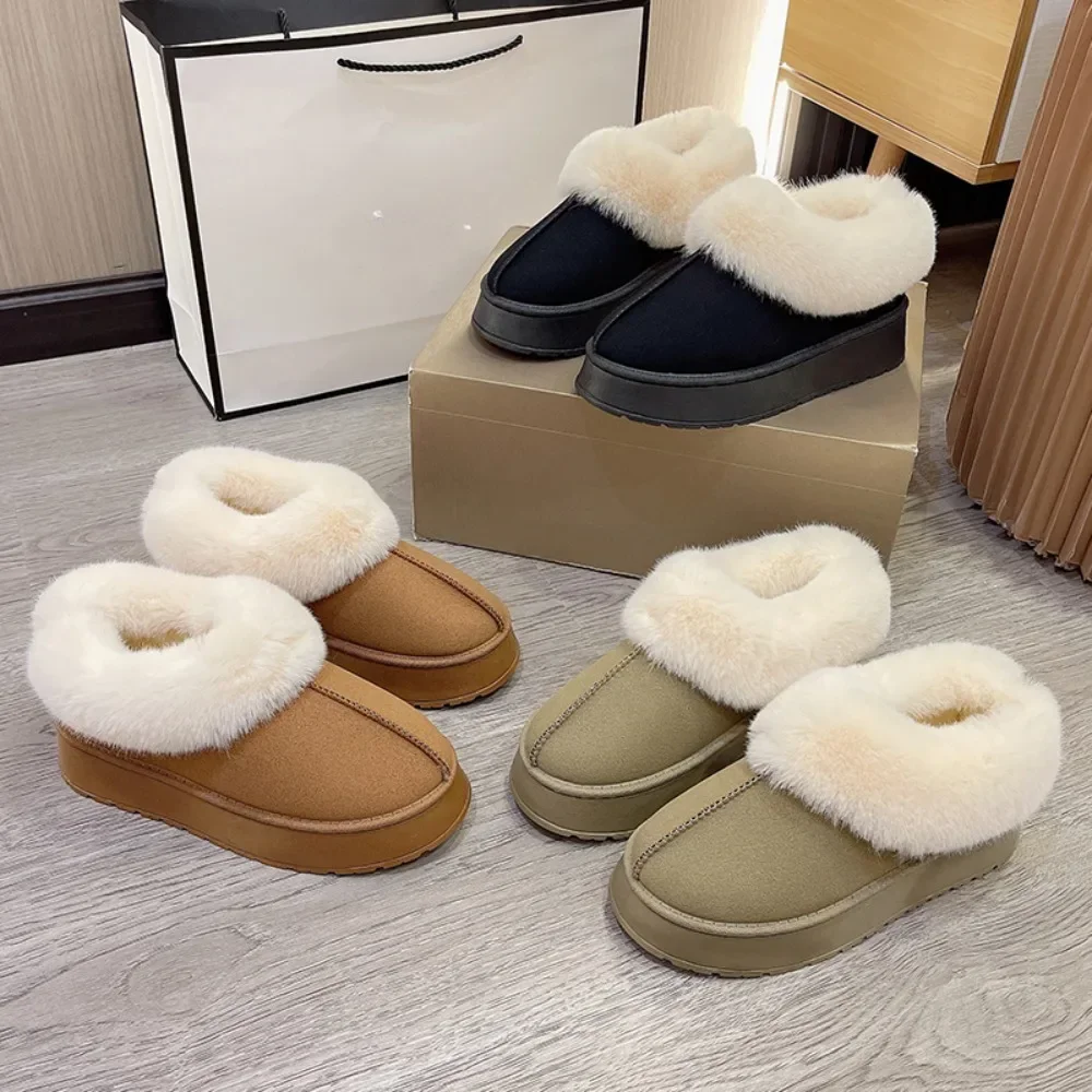 Зимние теплые плюшевые хлопковые тапочки на массивной платформе женские меховые