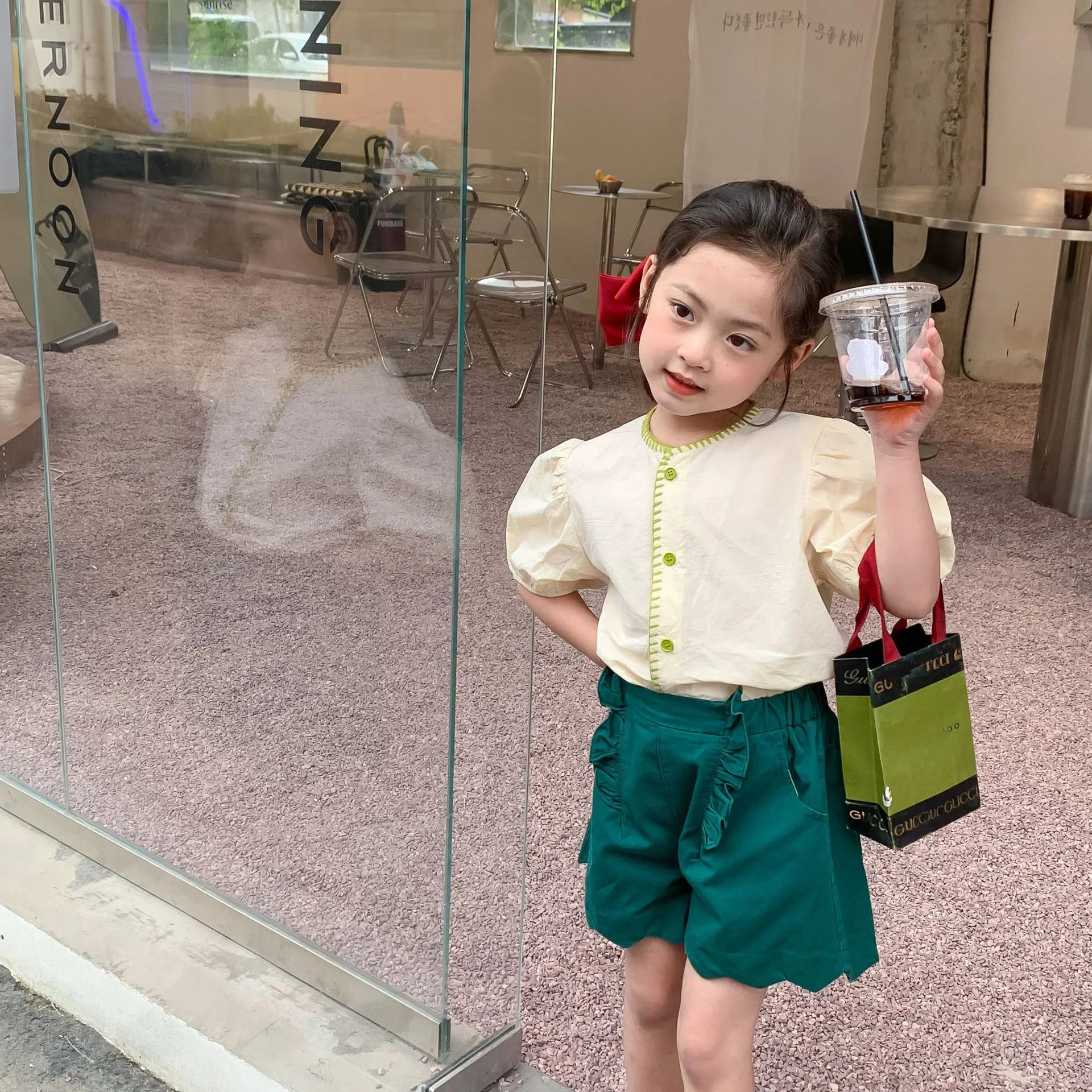 

MILA CHOU 2022 Summer Baby Girls Grace Short-sleeve Apricot Blouse+Green Lace Shorts 2Pcs Suit Children Shirt Set Outfit For Kid