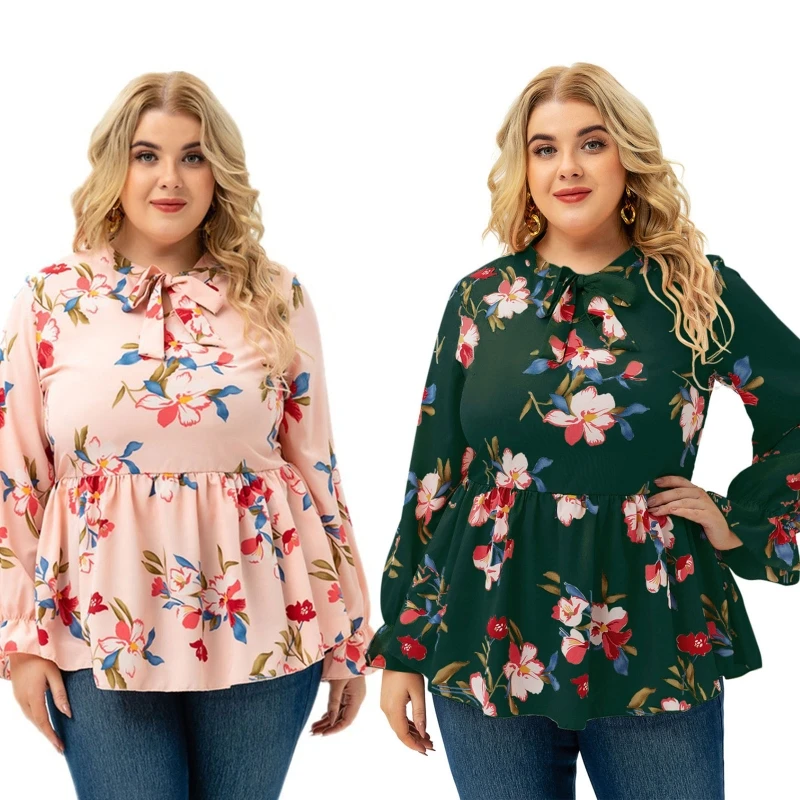 

Women's Floral Print T-shirt Stylish Bow Tie Neck Tops Plus Size Blouse Tops Long Sleeves Tee Shirt Autumn Peplum Tops