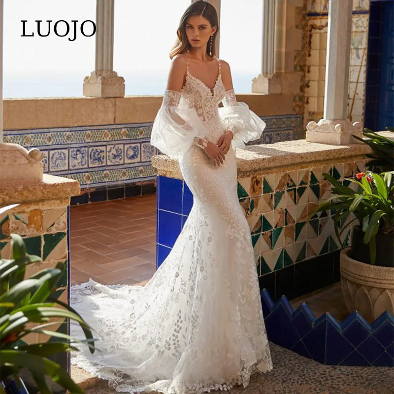 

LUOJO Wedding Dress Detachable 2 in 1 Spaghetti Straps Mermaid V-neck Tea-length Bridal Gowns For Women 2023 Vestidos De Novia