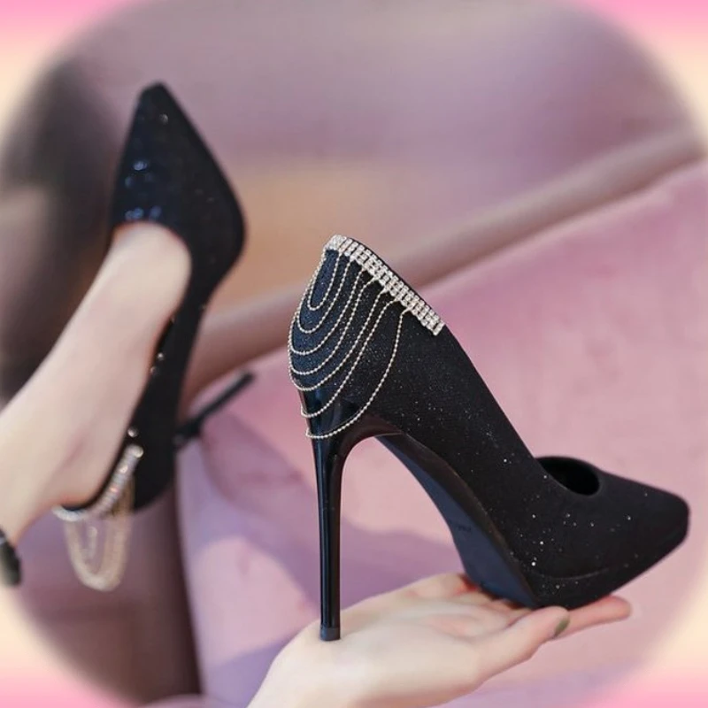 

2022 Autumn Women Shoes Shallow Mouth High Heels Shoes Elegant Stilettos Pointed Black Etiquette Wedding Shoes Zapatos De Mujer