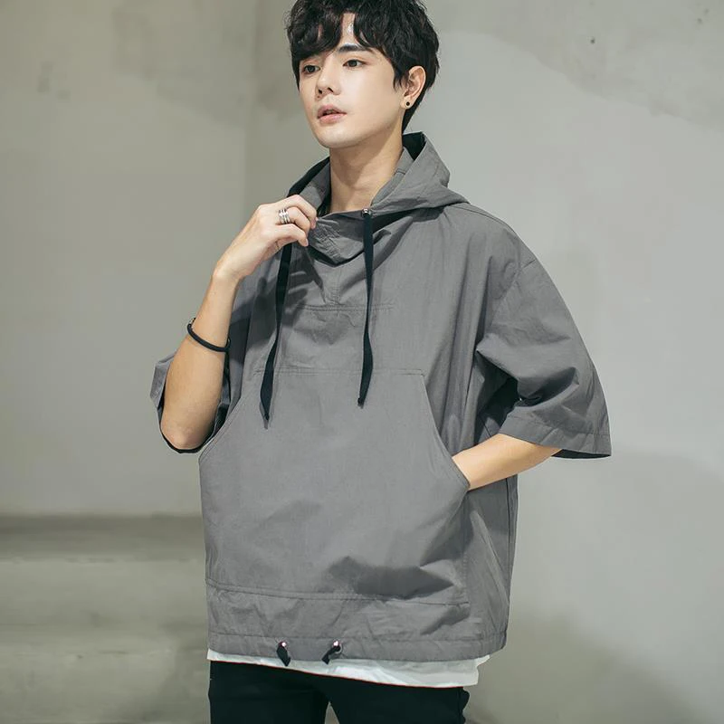 

2022 Summer Mens Casual Short Sleeve T Shirts Fashion Pocket Hooded Drawstring Oversized Japanese Streetwear Harajuku Sportswear
