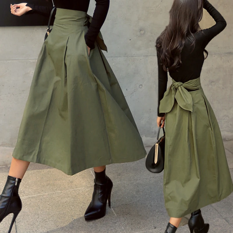 

shintimes Skirts Womens Korean Fashion Solid Color Big Swing Ladies Skirt Long Skirt 2022 Autumn Wild High Waist Bow Slim Skirts