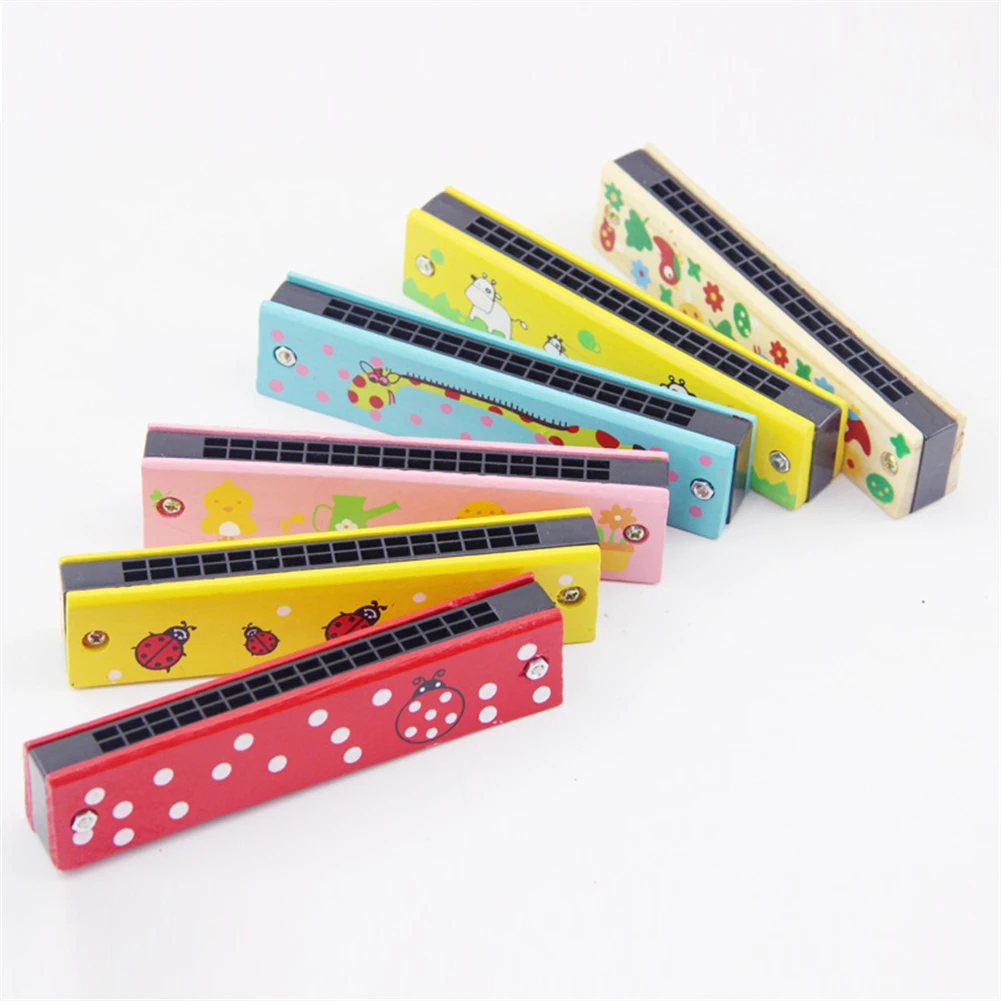 

16 Holes Children Harmonica Wooden Double Row Cute Cartoon Creative Pattern Beginner Musical Educational Toys Pretty Clear Sound