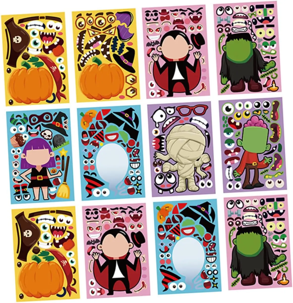 

6/24Sheets Children DIY Puzzle Sticker Halloween Make-a-Face Create Your Own Pumpkin Witch Children Party Decoration Kids Toys