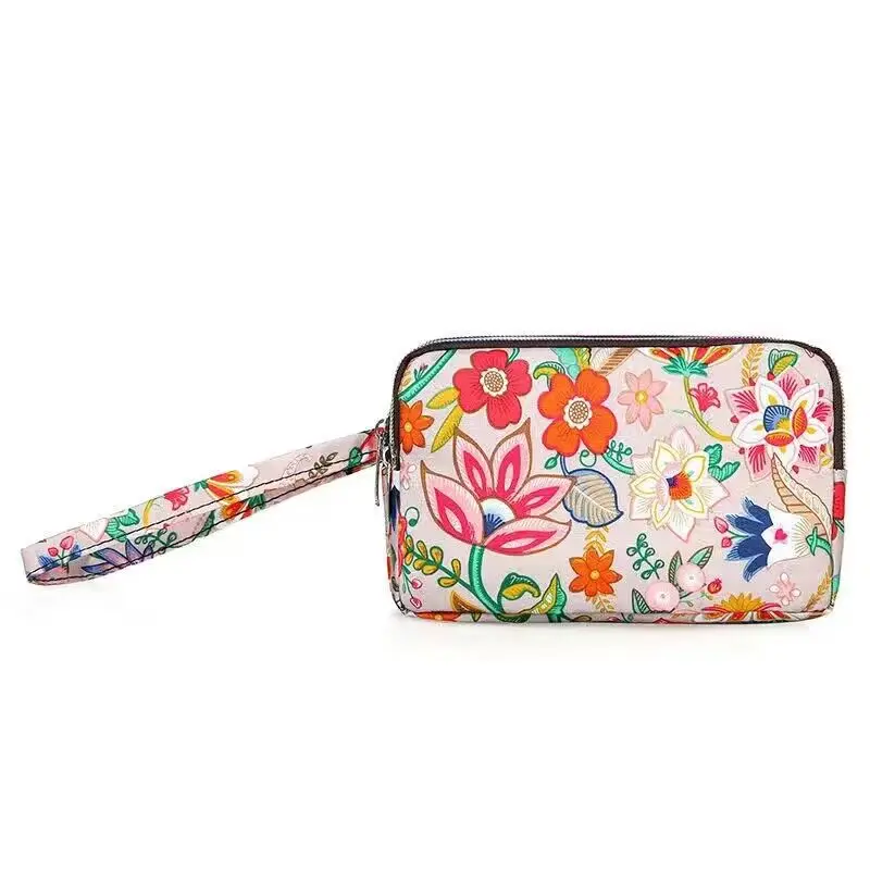 Women Long Purse Hand Bag Large Cell Phone Fabric Printing Three Zipper | Coin Purses