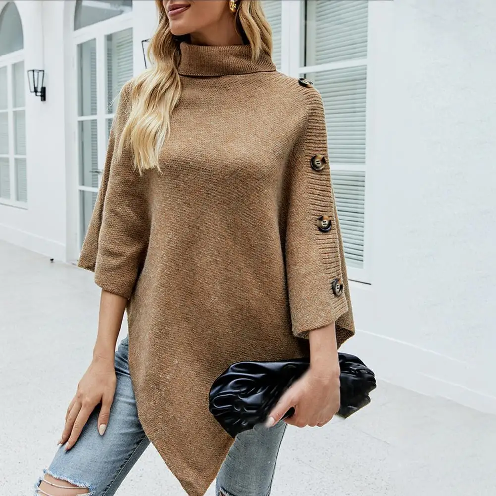 

Cape Coat Knitted Batwing Sleeve Autumn Winter Turtleneck Side Buttons Irregular Hem Poncho Coat Sweater for Daily Wear