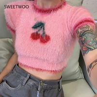 summer fur short sleeve pink cherry t shirt women sexy crop top gentle aesthetic clothes mujer y2k top kawaii tees fashion