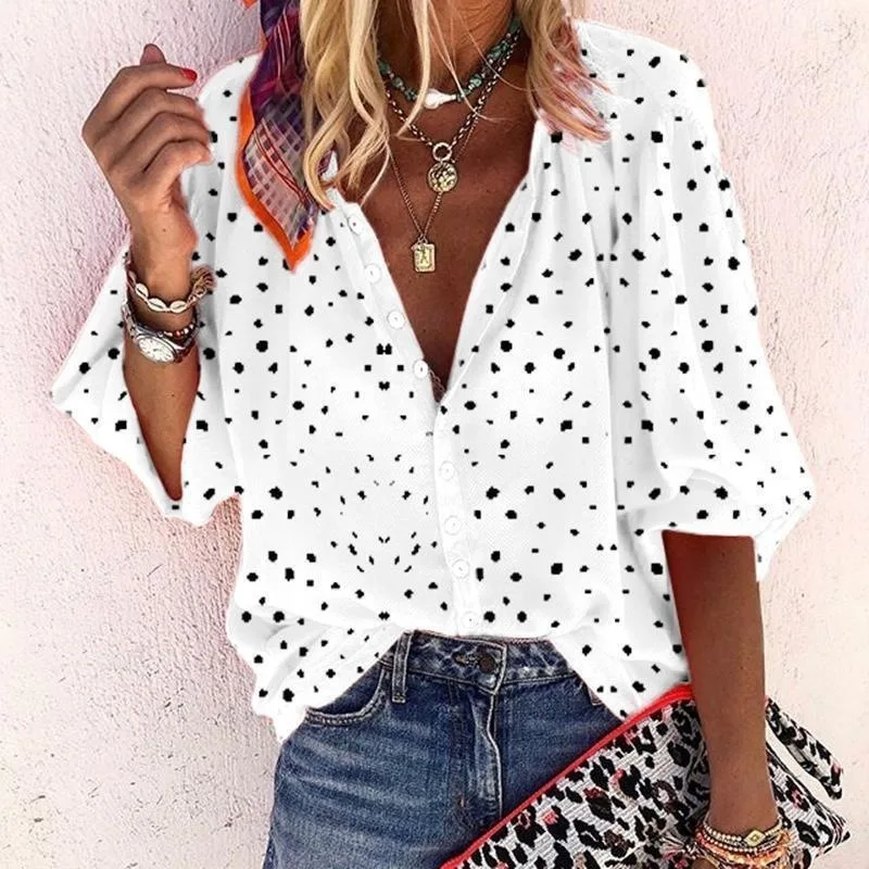 

Blouse Ladies Casual Tops Flower 2022 Polka Dot Printed Cropped Sleeve Loose Chiffon Shirt S-5XL