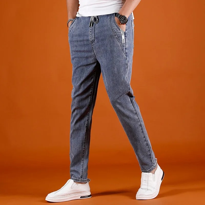 Summer Elastic Waist Jeans Men Streetwear Casual Light Blue Slim Fit Denim Pants