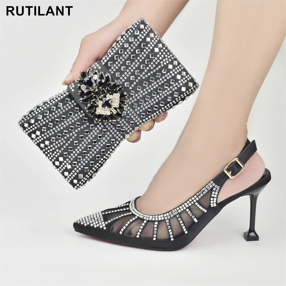 

New Arrival Africa Shoe and Bags Set Decorated with Rhinedstone Italian Shoes and Bags Matching Set High Heels Women Party Pumps