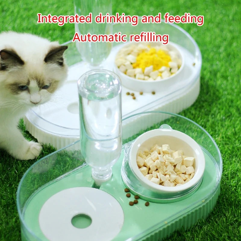 

Приподнятый для кошачьей чаши, приподнятые миски для еды, набор посуды с керамическим диспенсером для воды без протекания, анти-разрезной з...