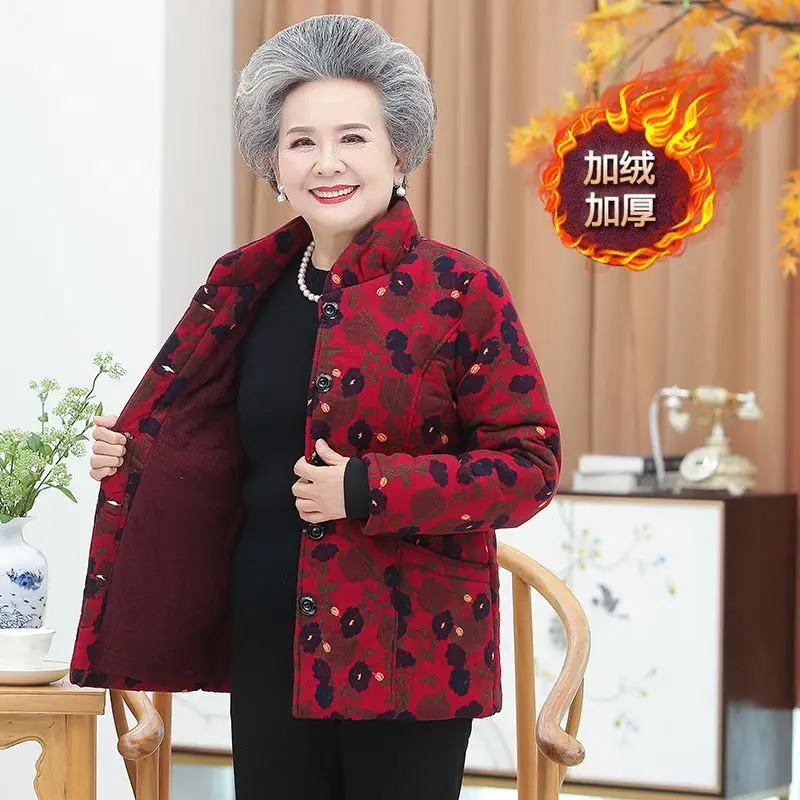 Grandma's Winter Cotton Padded Jacket Velvet Thickened Stand Collar Middle-Aged Mother Coat New Warm Female Parkas XL-5XL enlarge