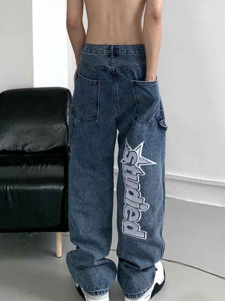 

Men Pants Loose Jeans Street Clothing Retro Hip Hip Hip -hop Alphabet Embroidered Jeans Loose Straight Leg Pants Wide Leg Pants