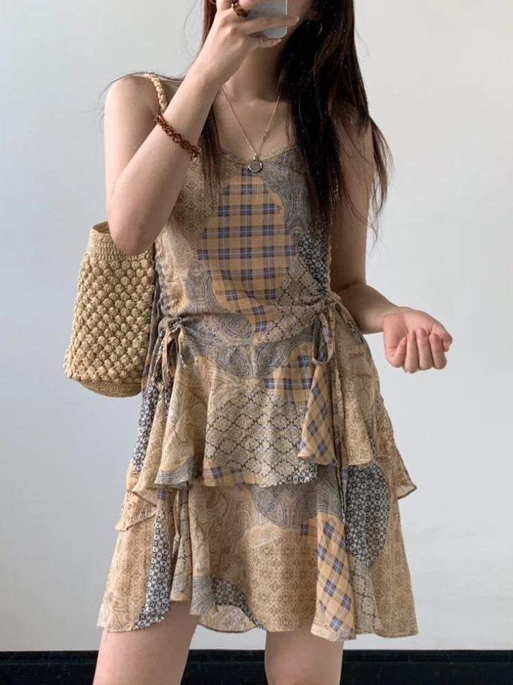 

Deeptown Vintage Print Ruffles Mini Dresses Women Holiday Two Layer High Waist Lace Up Folds Sleeveless Slip Beach Boho Dress