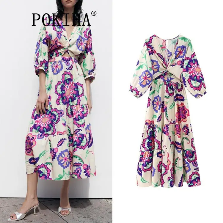 

Pokiha 2023 женское винтажное Повседневное платье миди с V-образным вырезом Пейсли цветочным принтом узелком вырезами шикарные женские платья с вырезами Vestidos