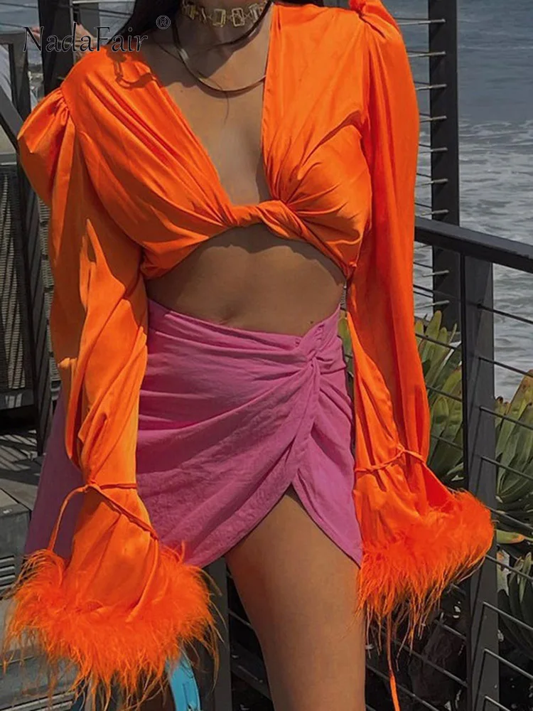 

Nadafair Satin Feather Long Puff Sleeve Women Green Crop Top Autumn V Neck Bandage Orange Shirt Y2K 2022 Fashion Sexy Street