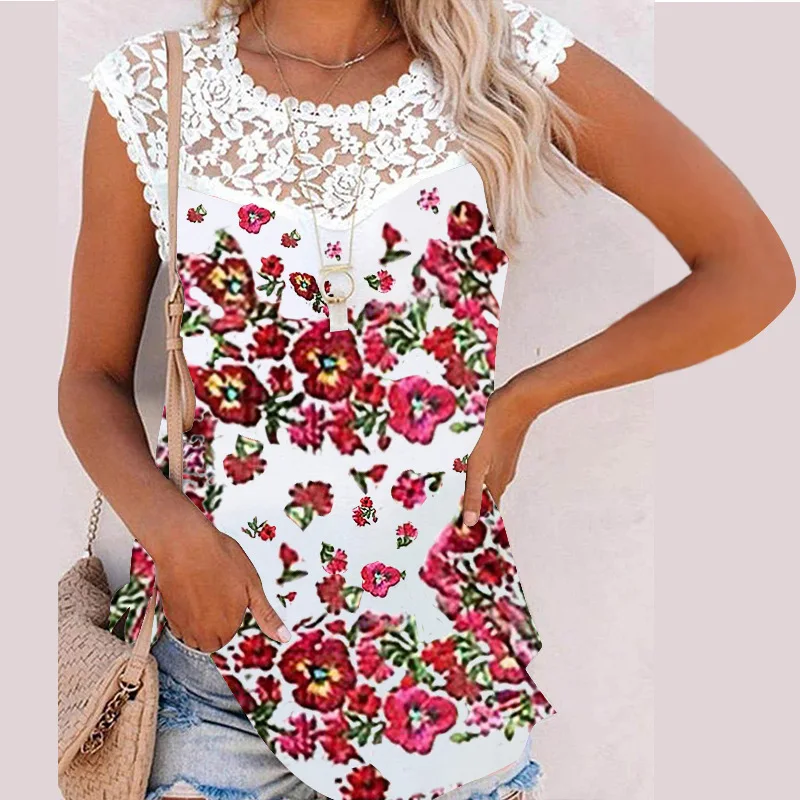 

Women's T-Shirt Sleeveless Vest Sexy Lace Round Neck Patchwork TShirt Fashion Casual Floral Printed Loose Tank Top Female Summer