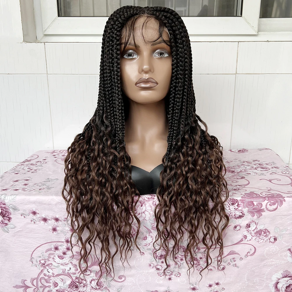 

Парик Омбре из коричневых и красных синтетических косичек с плетением в коробке, парик из африканских косичек с вьющимися концами, парики на сетке для женщин, парик для плетения волос на сетке спереди