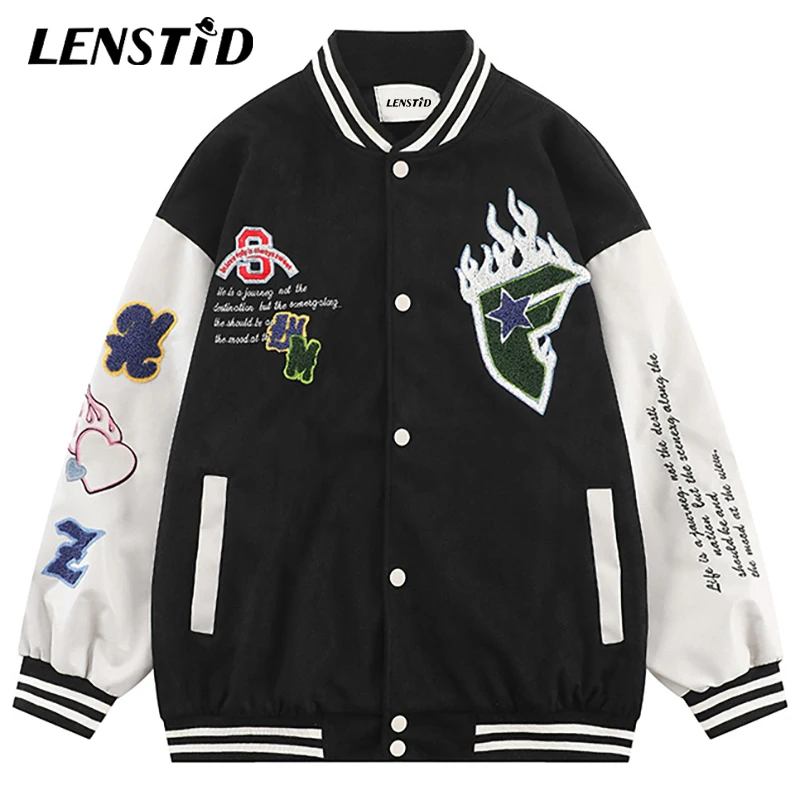 

Осенняя мужская куртка-бомбер LENSTID из искусственной кожи в стиле пэчворк, уличная одежда в стиле хип-хоп с вышивкой, повседневные бейсбольны...
