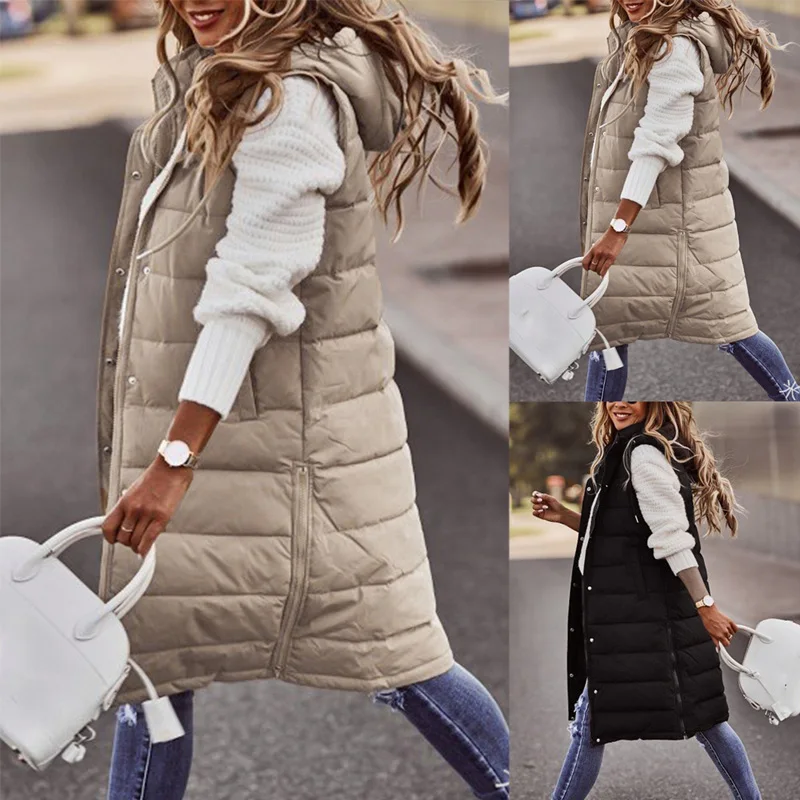 Solid Hooded Single-breasted Midi Cotton Coat Jacket Casual Sleeveless Slim Vest Tops Women Autumn Winter Tank Cardigan Outwear