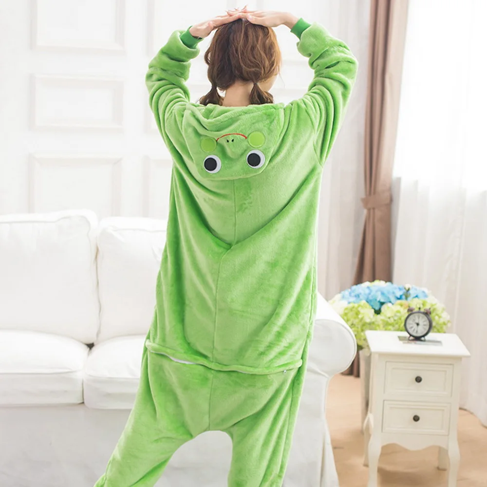 Winter Adults Animal Onesies Unisex Women Green Frog Costumes Cartoon Pyjama Men Long Sleeve Pajamas Set Christmas Jumpsuits