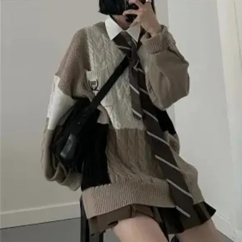 

Women's Long Sleeve O-Neck Sweater Knitting Retro Style College Autumn Winter Color Matching Student Korean Loose Medium Long