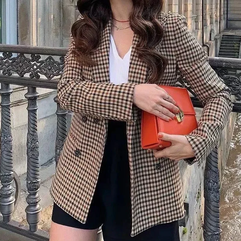 MUXI-Женская двубортная куртка в клетку свободный офисный костюм Официальный