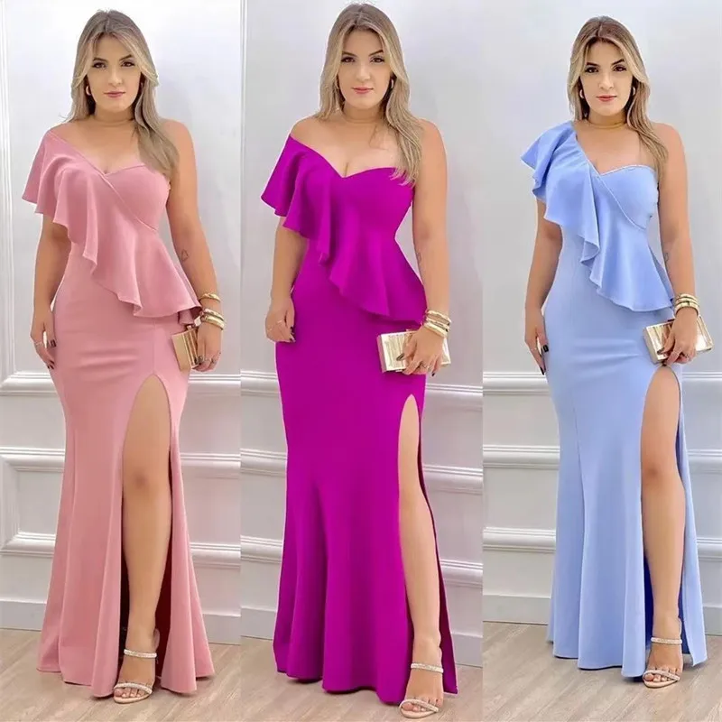 

Ruffles One Shoulder Prom Dresses Mermaid Side Split Sexy Cocktail Party Wedding Guest Dress for Women Zipper Back Aso Ebi