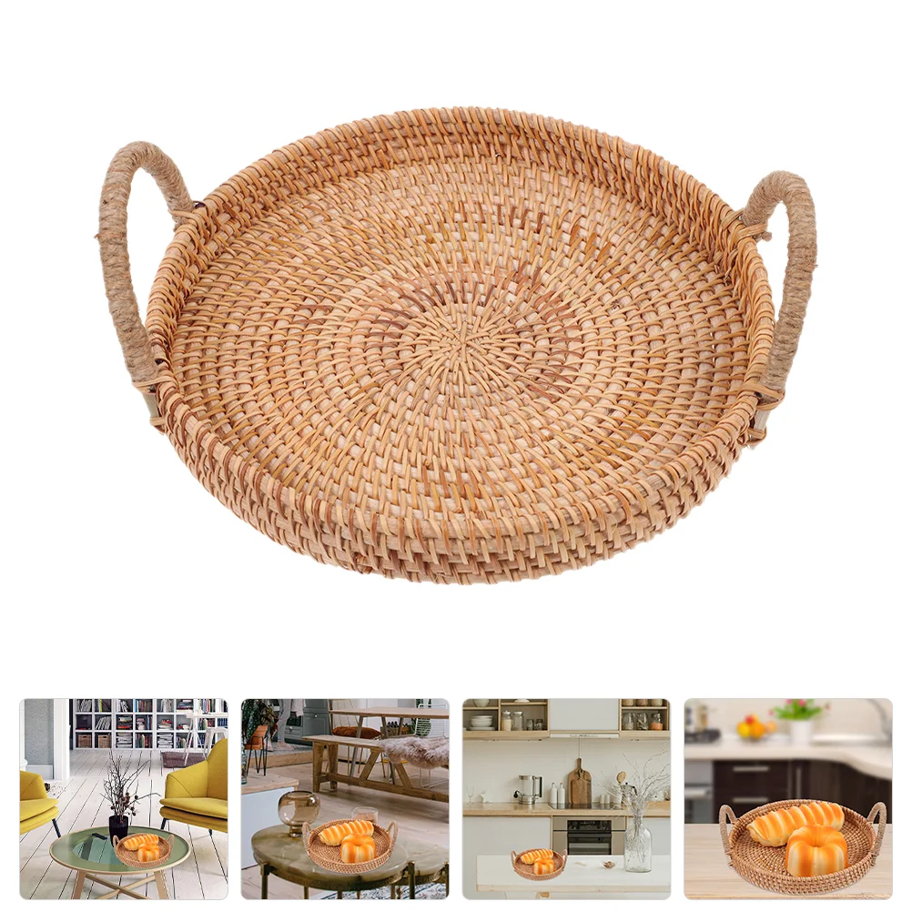 

Woven Storage Basket Rattan Fruit Plate Tray Round Serving Coffee Table Manual Woven Rope Basket Trays