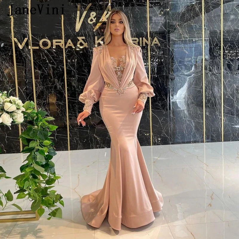 

JaneVini Elegant Luxury Evening Dress Arabic Women Beaded Satin Mermaid Prom Gown Long Puff Sleeves Dubai Vestido Para Mujer